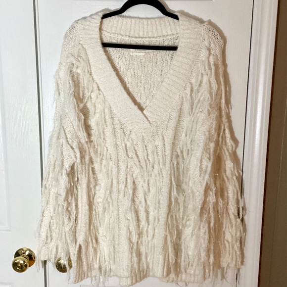Anthropologie Ivory Fringe V-Neck Sweater Small Textured Pullover - Picture 3 of 12